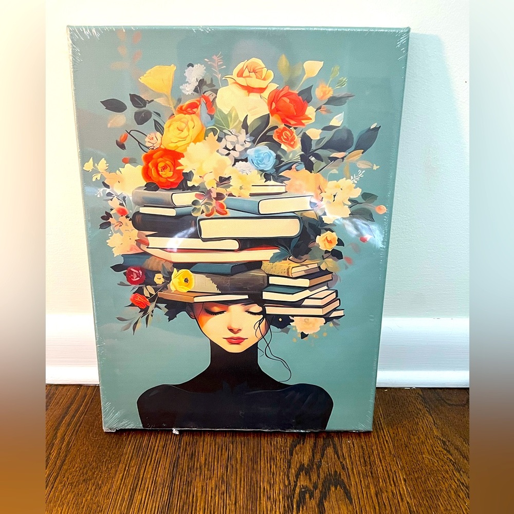 Floral Bookstack Canvas Art - Teal Background